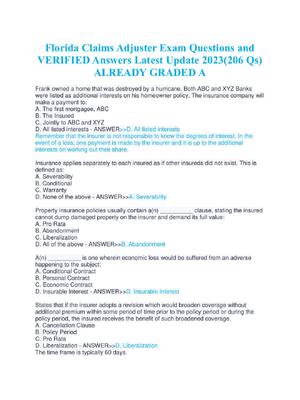 Preview of Florida Claims Adjuster Exam Questions and  VERIFIED Answers Latest Update 2023(206 Qs)  A