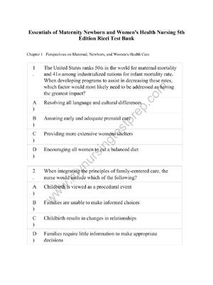 Preview of Essentials of Maternity Newborn and Women's Health Nursing 5th Edition Ricci Test Bank