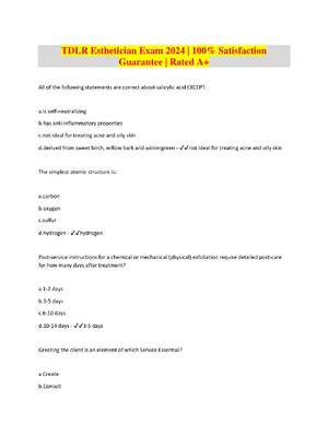 Preview of TDLR Esthetician Exam 2024 | 100% Satisfaction  Guarantee | Rated A+