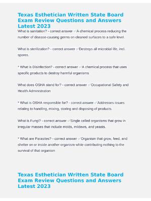 Preview of Texas Esthetician Written State Board  Exam Review Questions and Answers  Latest 2023
