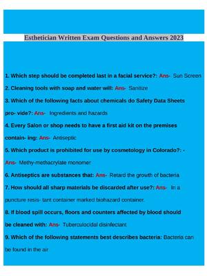 Preview of Esthetician Written Exam Questions and Answers 2023