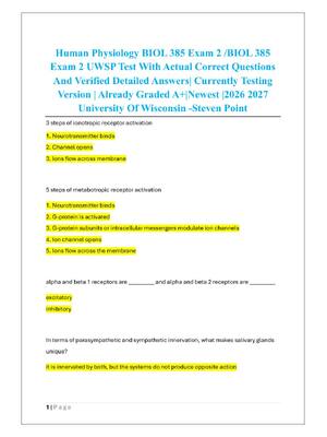 Preview of Human Physiology BIOL 385 Exam 2 /BIOL 385  Exam 2 UWSP Test