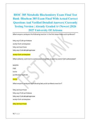 Preview of BIOC 385 Metabolic Biochemistry Exam Final Test  Bank /Biochem 385 Exam Final