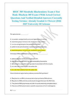 Preview of BIOC 385 Metabolic Biochemistry Exam 4 Test  Bank /Biochem 385 Exam 4