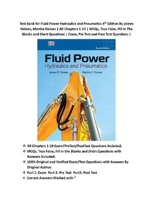 Preview of Fluid Power Hydraulics and Pneumatics 4th Edition By James Daines, Martha Daines | Test Ba