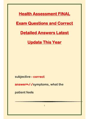 Preview of Health Assessment FINAL Exam Questions and Correct Detailed Answers Latest Update This Yea