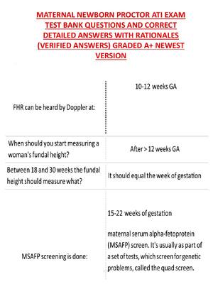 Preview of MATERNAL NEWBORN PROCTOR ATI EXAM TEST BANK QUESTIONS AND CORRECT DETAILED ANSWERS WITH RA