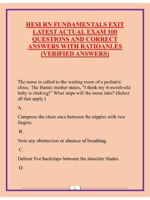 Preview of HESI RN FUNDAMENTALS EXIT LATEST ACTUAL EXAM 100 QUESTIONS AND CORRECT ANSWERS WITH RATIOA