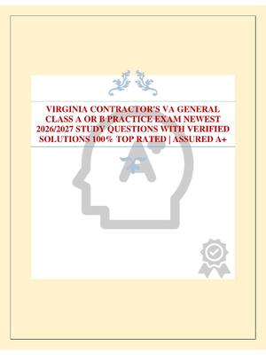 Preview image for VIRGINIA CONTRACTOR'S VA GENERAL CLASS A OR B PRACTICE EXAM NEWEST 2026/2027 STUDY QUESTIONS WITH VERIFIED SOLUTIONS 100% TOP RATED | ASSURED A+