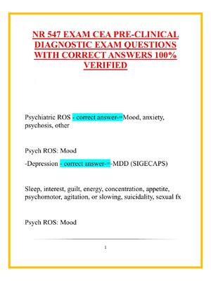 Preview of NR 547 EXAM CEA PRE-CLINICAL  DIAGNOSTIC EXAM QUESTIONS  WITH CORRECT ANSWERS 100%  VERIFI