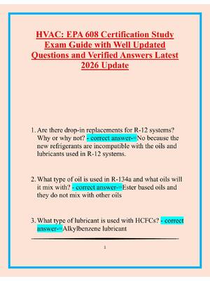 Preview of 1    HVAC: EPA 608 Certification Study  Exam Guide with Well Updated  Questions and Verifi