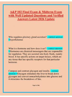 Preview of A&P 102 Final Exam & Midterm Exam  with Well Updated Questions and Verified  Answers Lates