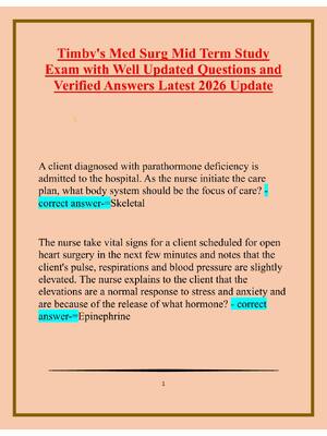Preview of Timby's Med Surg Mid Term Study  Exam with Well Updated Questions and  Verified Answers La