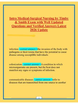 Preview of Intro Medical-Surgical Nursing by Timby  & Smith Exam with Well Updated  Questions and Ver