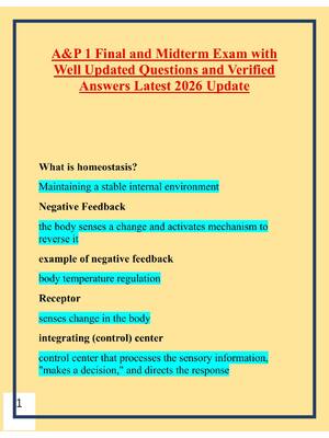 Preview of A&P 1 Final and Midterm Exam with  Well Updated Questions and Verified  Answers Latest 202