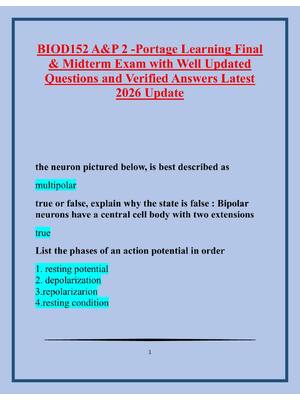 Preview of BIOD152 A&P 2 -Portage Learning Final  & Midterm Exam with Well Updated  Questions and Ver