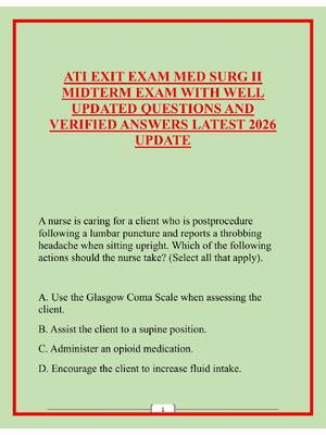 Preview of ATI EXIT EXAM MED SURG II MIDTERM EXAM WITH WELL UPDATED QUESTIONS AND VERIFIED ANSWERS LA