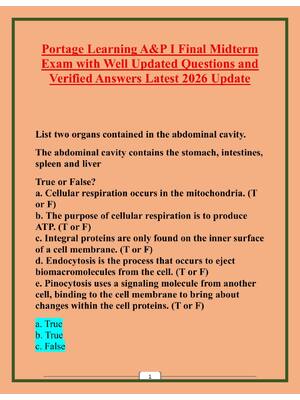 Preview of Portage Learning A&P I Final Midterm  Exam with Well Updated Questions and  Verified Answe