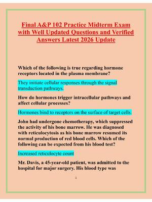 Preview of Final A&P 102 Practice Midterm Exam  with Well Updated Questions and Verified  Answers Lat
