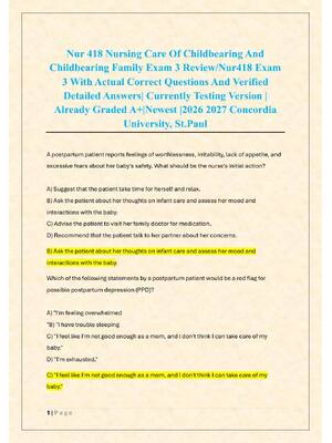 Preview of Nur 418 Nursing Care Of Childbearing And  Childbearing Family Exam 3 Review/Nur418 Exam  3