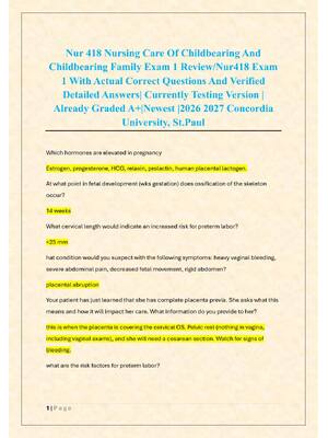 Preview of Nur 418 Nursing Care Of Childbearing And  Childbearing Family Exam 1 Review/Nur418 Exam  1