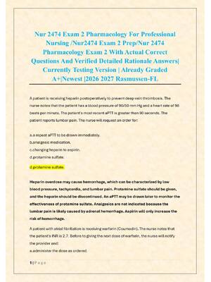 Preview of Nur 2474 Exam 2 Pharmacology For Professional  Nursing /Nur2474 Exam 2 Prep/Nur 2474  Phar