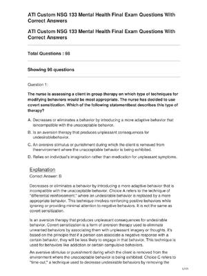 Preview of ATI Custom NSG 133 Mental Health Final Exam Questions With Correct Answers