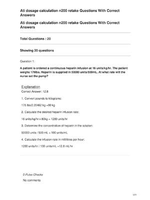 Preview of Ati dosage calculation n200 retake Questions With Correct Answers