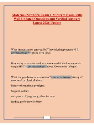 Preview of Maternal Newborn Exam 1 Midterm Exam with Well Updated Questions and Verified Answers Late