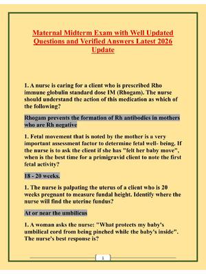 Preview of Maternal Midterm Exam with Well Updated Questions and Verified Answers Latest 2026 Update
