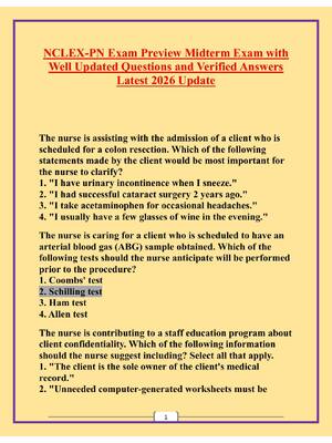 Preview of NCLEX Midterm Exam with Well Updated Questions and Verified Answers Latest