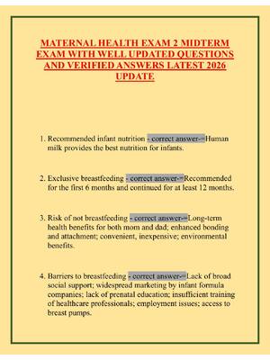 Preview of MATERNAL HEALTH EXAM 2 MIDTERM EXAM WITH WELL UPDATED QUESTIONS AND VERIFIED ANSWERS LATES