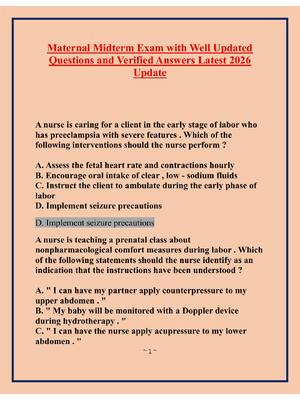 Preview of Maternal Midterm Exam with Well Updated Questions and Verified Answers Latest