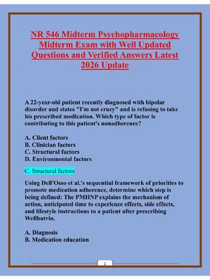 Preview of NR 546 Midterm Psychopharmacology Midterm Exam with Well Updated Questions and Verified An