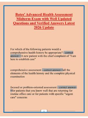 Preview of Bates' Advanced Health Assessment  Midterm Exam with Well Updated  Questions and Verified