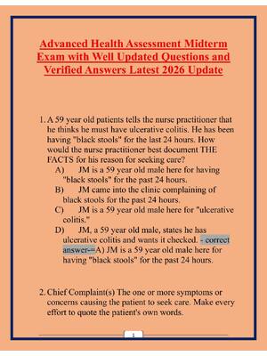 Preview of Advanced Health Assessment Midterm Exam with Well Updated Questions and Verified Answers L
