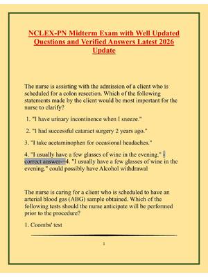 Preview of NCLEX Midterm Exam with Well Updated Qu