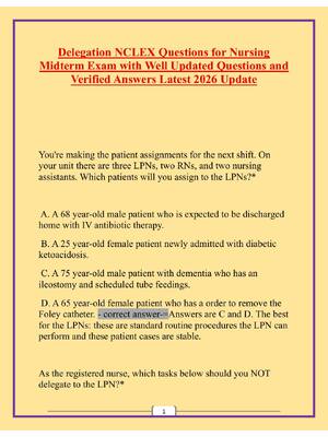 Preview of Delegation NCLEX Questions for Nursing Midterm Exam with Well Updated Questions and Verifi