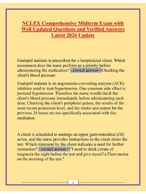 Preview of NCLEX Comprehensive Midterm Exam with Well Updated Questions and Verified Answers Latest 2
