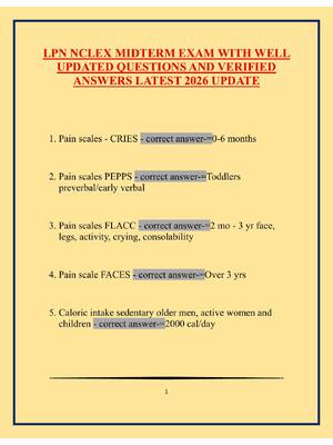 Preview of LPN NCLEX MIDTERM EXAM WITH WELL UPDATED QUESTIONS AND VERIFIED ANSWERS LATEST 2026 UPDATE