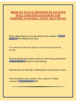 Preview of MEDS ON NCLEX MIDTERM EXAM WITH WELL UPDATED QUESTIONS AND VERIFIED ANSWERS LATEST 2026 UP