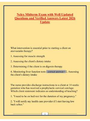 Preview of Nclex Midterm Exam with Well Updated Questions