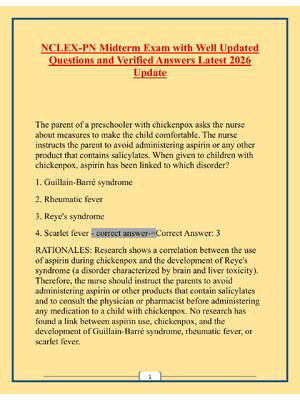 Preview of NCLEX Midterm Exam with Well Updated Questions and Verified
