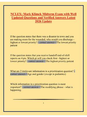 Preview of NCLEX Midterm Exam with Well Updated Questions and Verified Answers