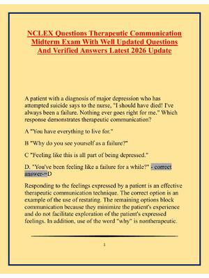 Preview image for NCLEX Questions Therapeutic Communication Midterm Exam With Well Updated Questions And Verified Answers Latest 2026 Update