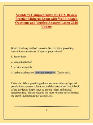 Preview of Saunder's Comprehensive NCLEX Review  Practice Midterm Exam with Well Updated  Questions a