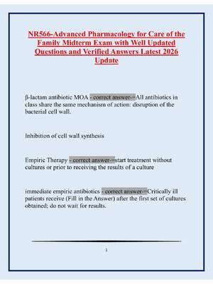 Preview of NR566-Advanced Pharmacology for Care of the  Family Midterm Exam with Well Updated  Questi