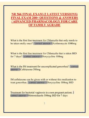 Preview of NR 566 FINAL EXAM (2 LATEST VERSIONS)  FINAL EXAM 200+ QUESTIONS & ANSWERS  / ADVANCED PHA
