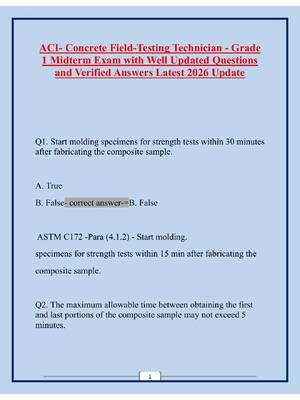 Preview image for ACI- Concrete Field-Testing Technician - Grade  1 Midterm Exam with Well Updated Questions  and Verified Answers Latest 2026 Update