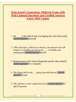Preview of State board Cosmetology Midterm Exam with Well Updated Questions and Verified Answers Late
